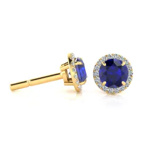 1 1/3 Carat Round Shape Sapphire And Halo Diamond Earrings In 14 Karat Yellow Gold