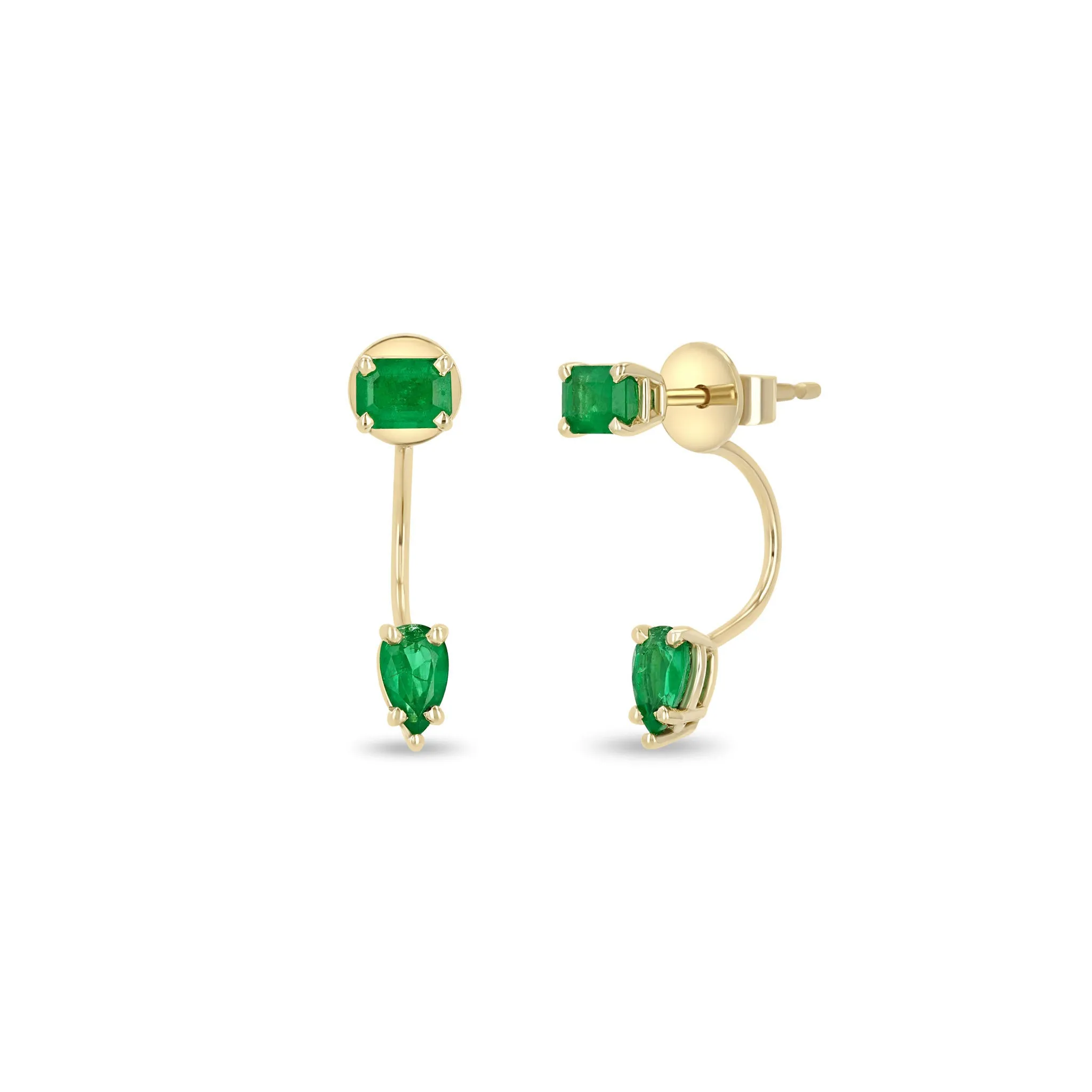 14k Emerald Cut Emerald Stud & Pear Emerald Jacket Earrings