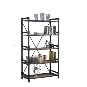 72 Rustic Oak Distressed Metal and Wood Five Tier Etagere Bookcase