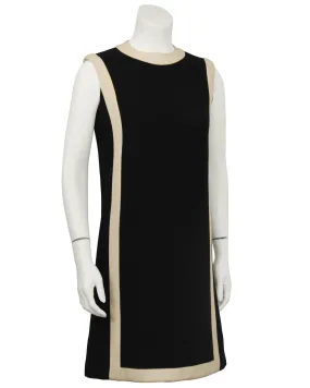 Black Wool Shift Dress with Cream Detail