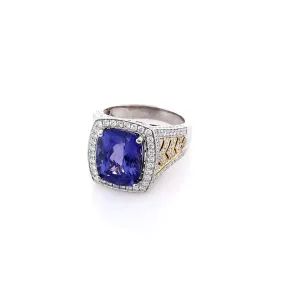 Estate 18k Two-Tone Cushion Cut Tanzanite and Diamond Shank Ring