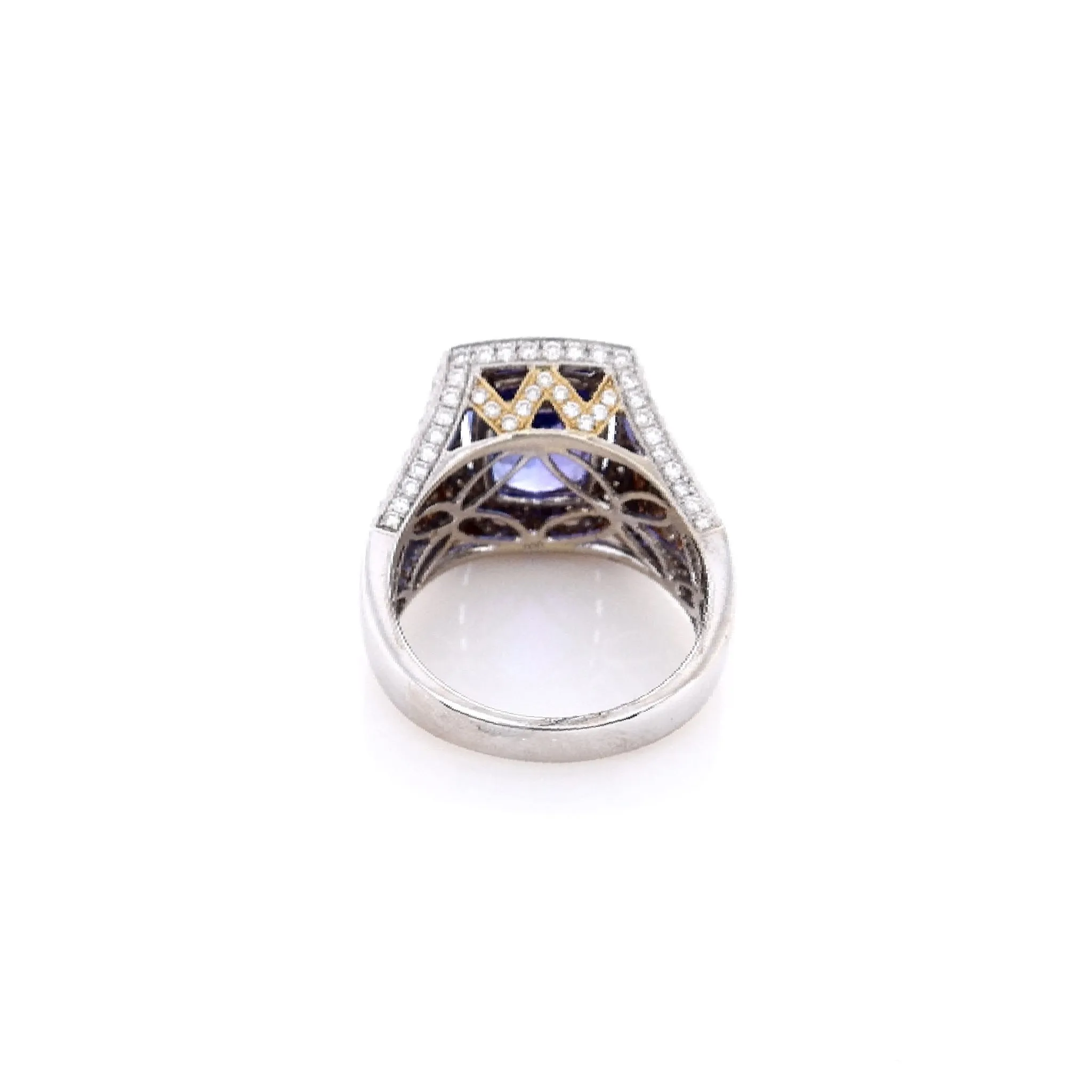 Estate 18k Two-Tone Cushion Cut Tanzanite and Diamond Shank Ring