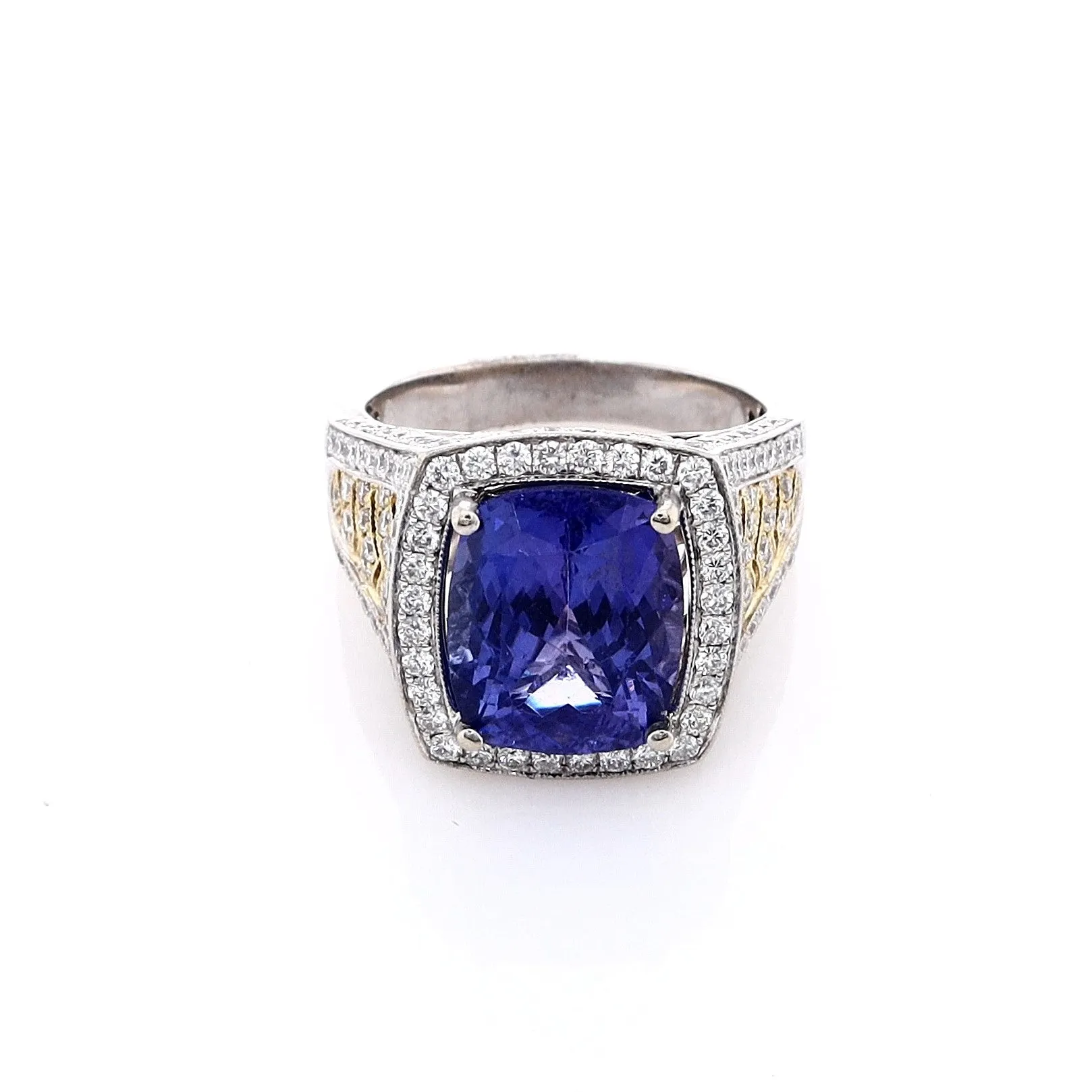 Estate 18k Two-Tone Cushion Cut Tanzanite and Diamond Shank Ring