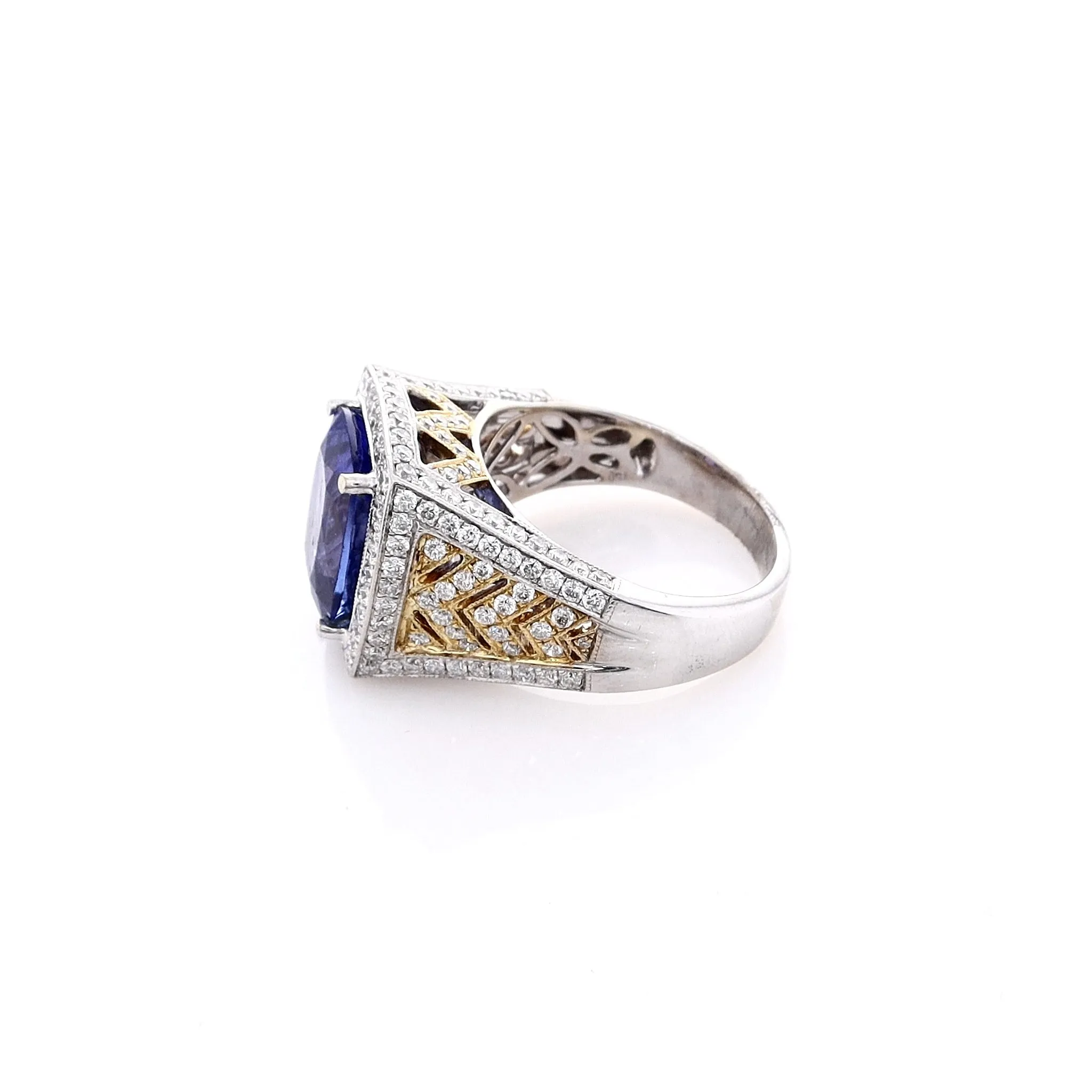 Estate 18k Two-Tone Cushion Cut Tanzanite and Diamond Shank Ring