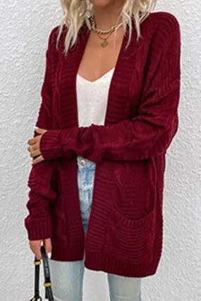 Explore More Collection - Cable-Knit Open Front Cardigan with Pockets