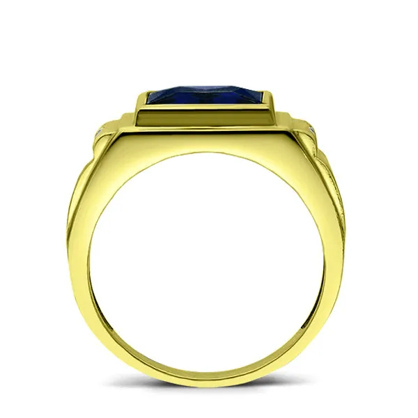 Gold Plated Silver Mens Blue Sapphire Ring with 2 Real Diamonds Artisan Crafted