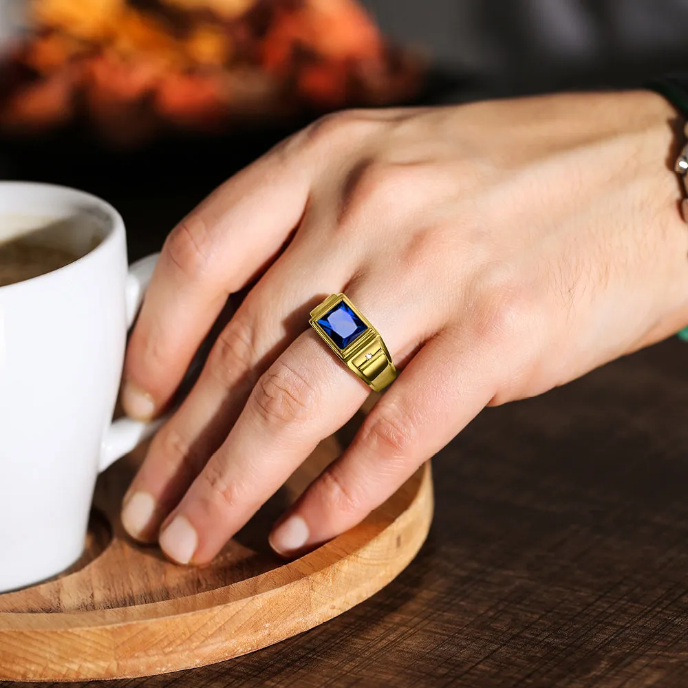 Gold Plated Silver Mens Blue Sapphire Ring with 2 Real Diamonds Artisan Crafted