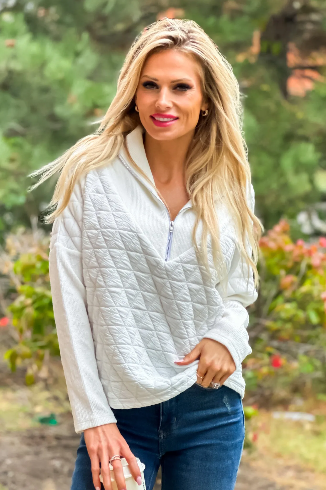 Lodge Lounging Quilted 1/2 Zip Pullover : Off White