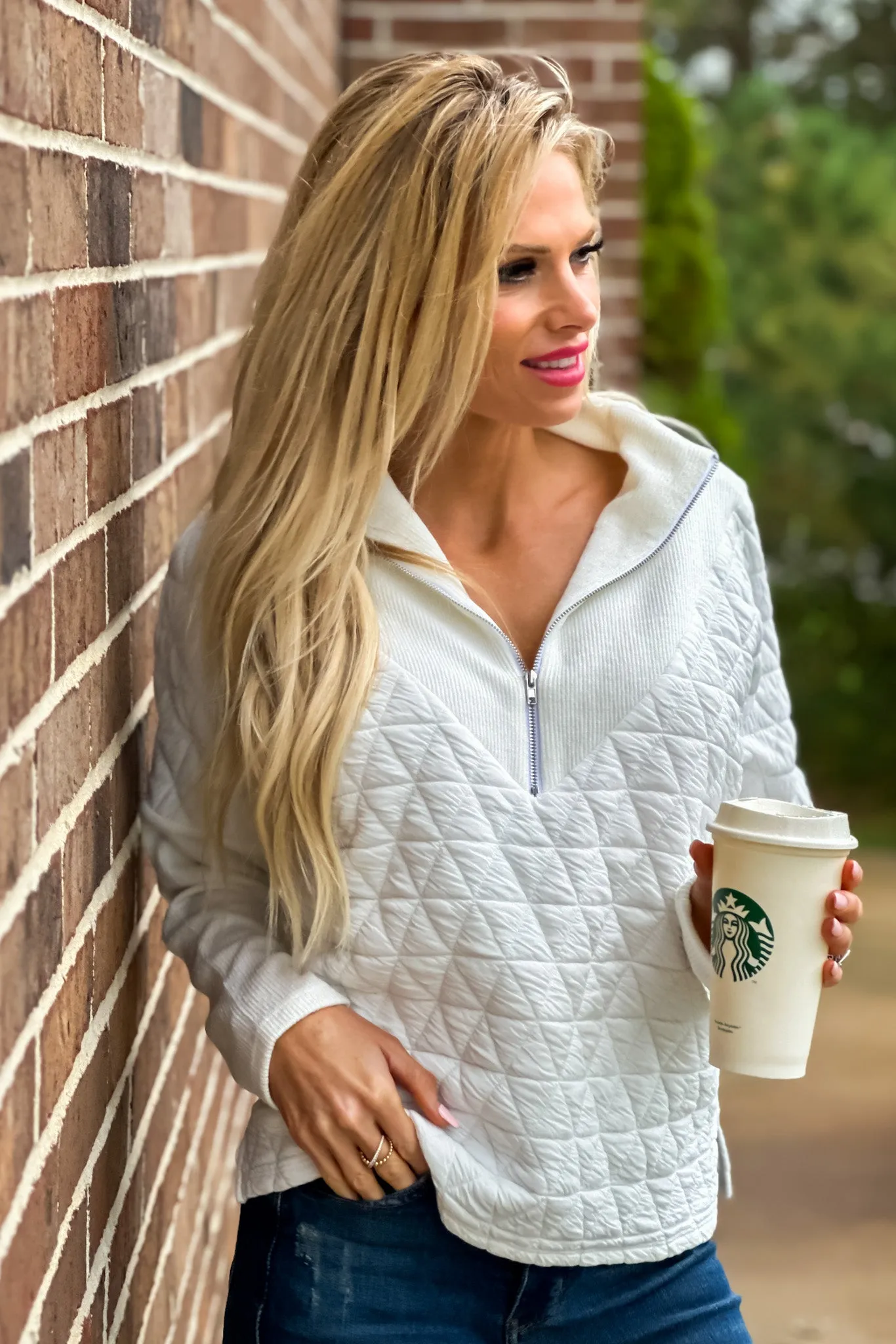 Lodge Lounging Quilted 1/2 Zip Pullover : Off White