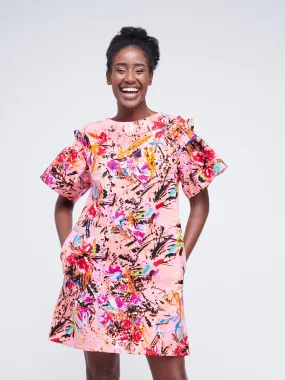 Nimali Ruffle Sleeve Short Dress - Pink / Orange Ankara Print