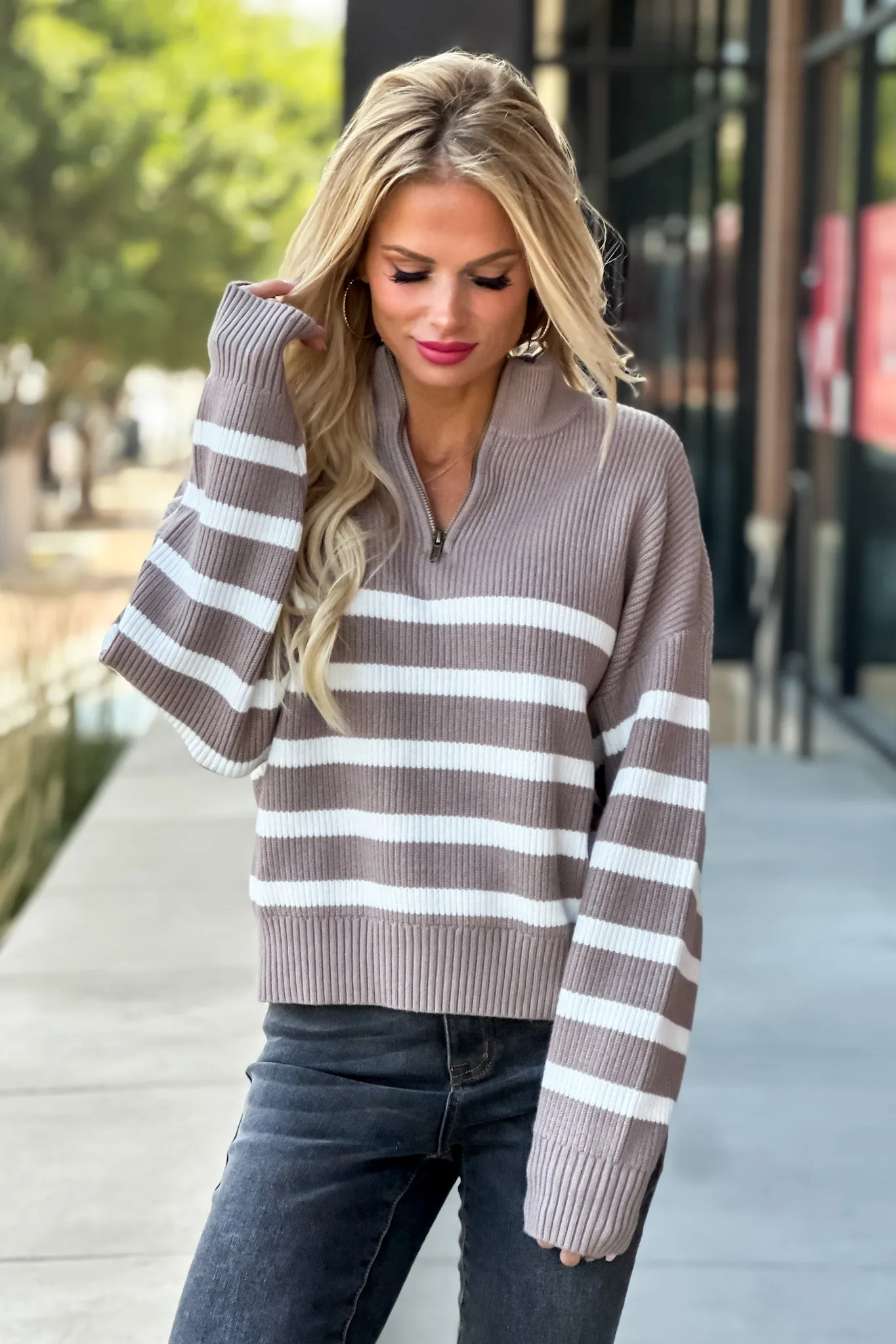 Russell 1/4 Zip Striped Pullover Sweater : Taupe/Ivory