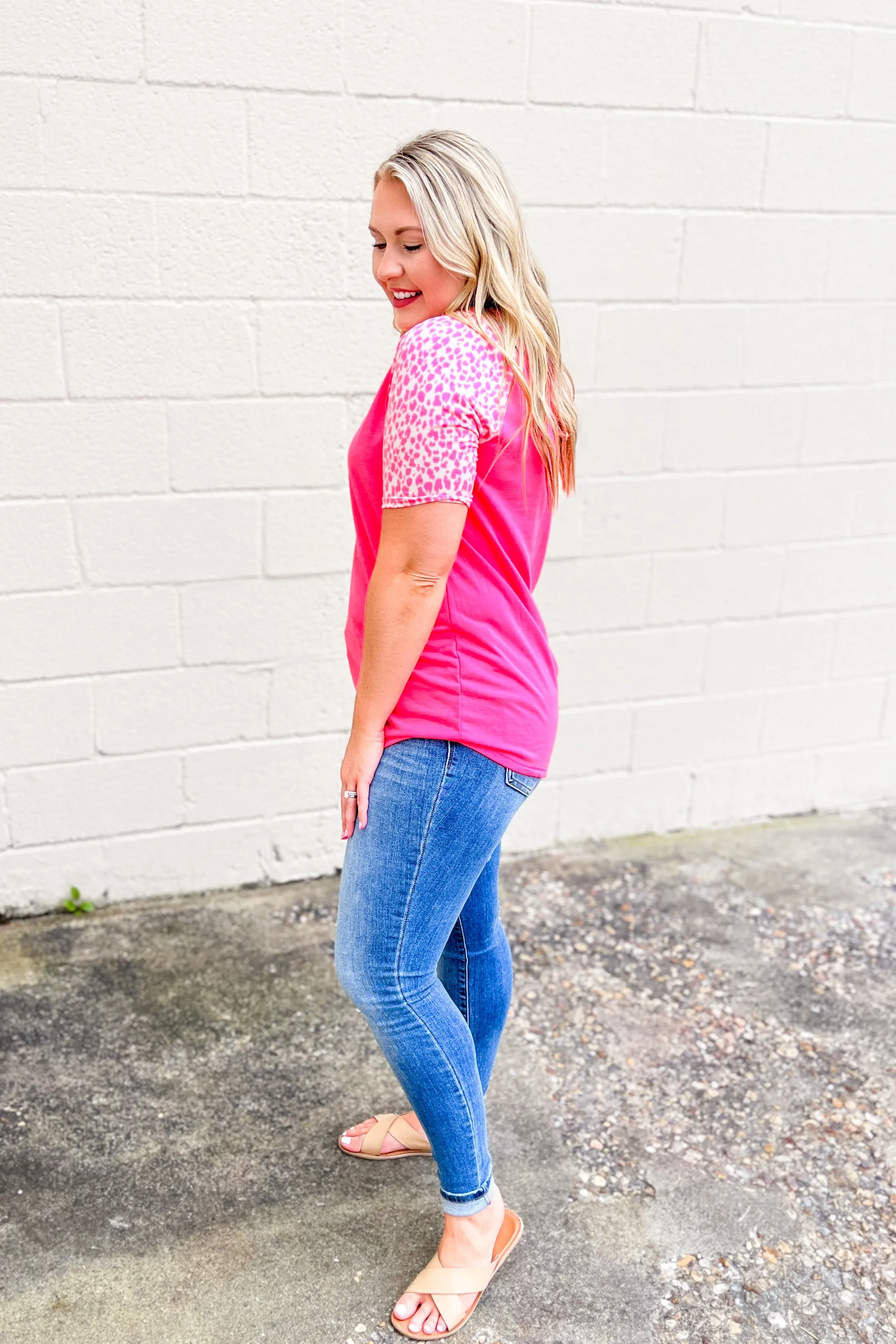 Set and Ready Spotted Sleeve Button Top, Neon Pink