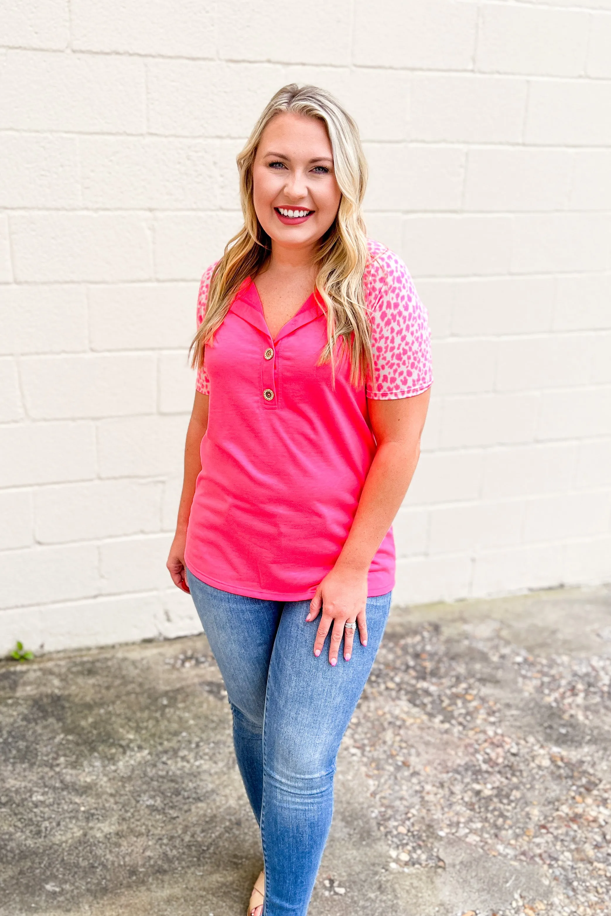 Set and Ready Spotted Sleeve Button Top, Neon Pink