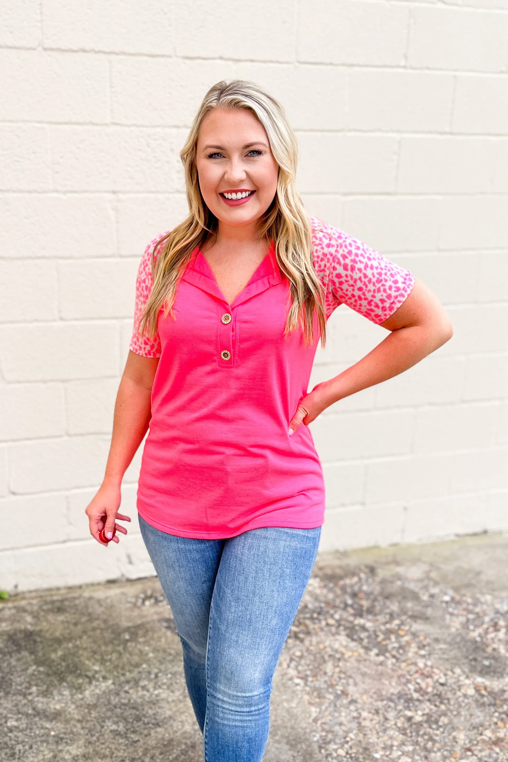 Set and Ready Spotted Sleeve Button Top, Neon Pink