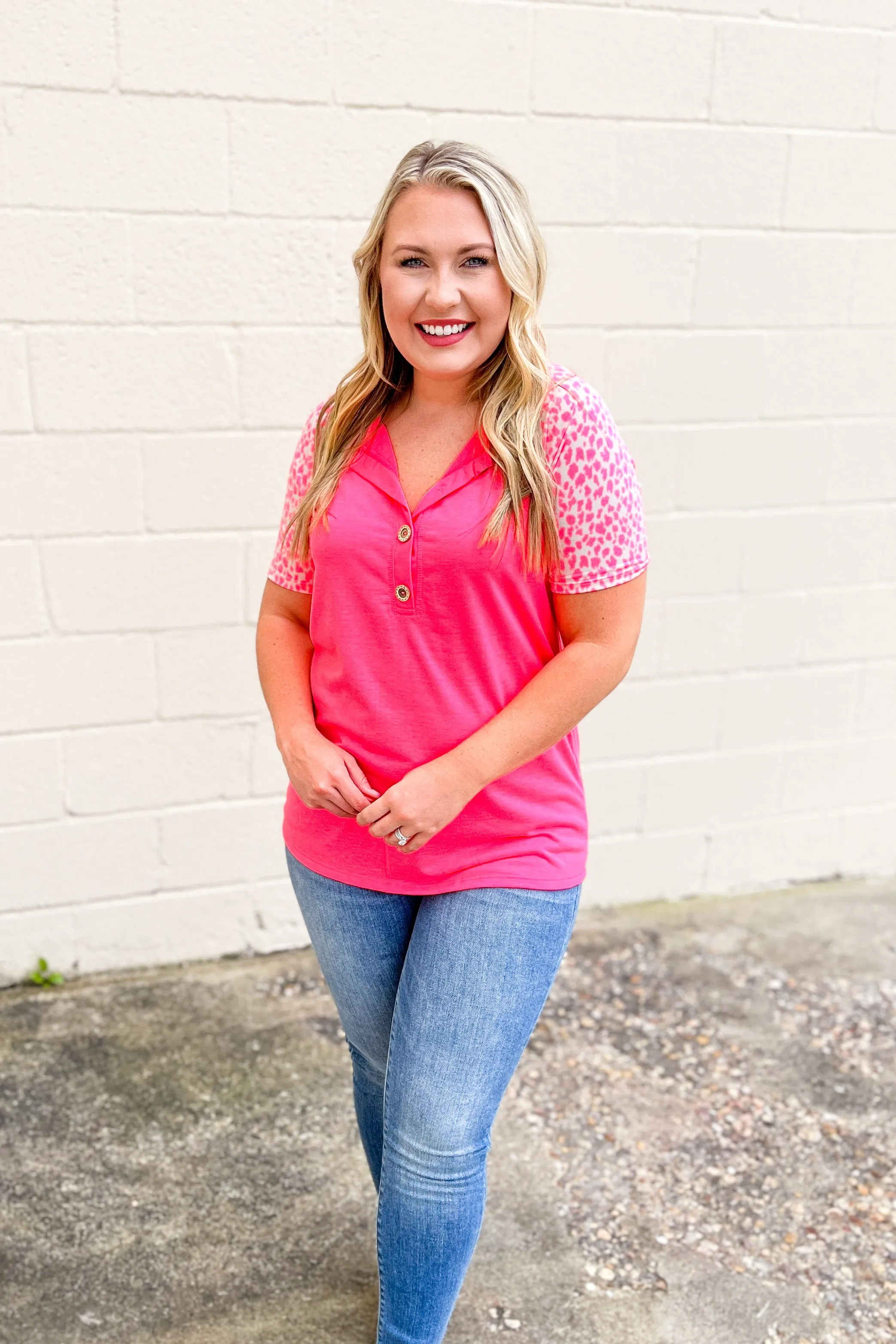 Set and Ready Spotted Sleeve Button Top, Neon Pink