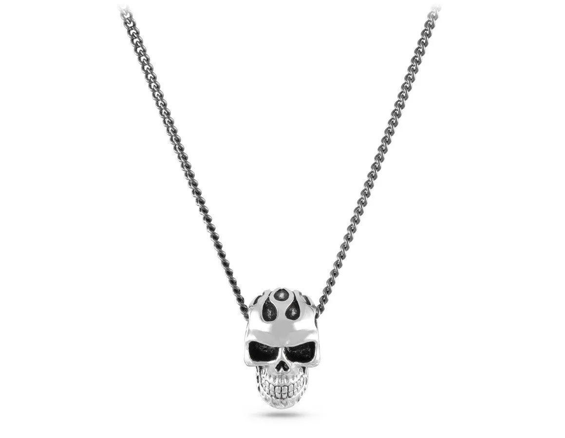 Small Flaming Skull Necklace - Silver