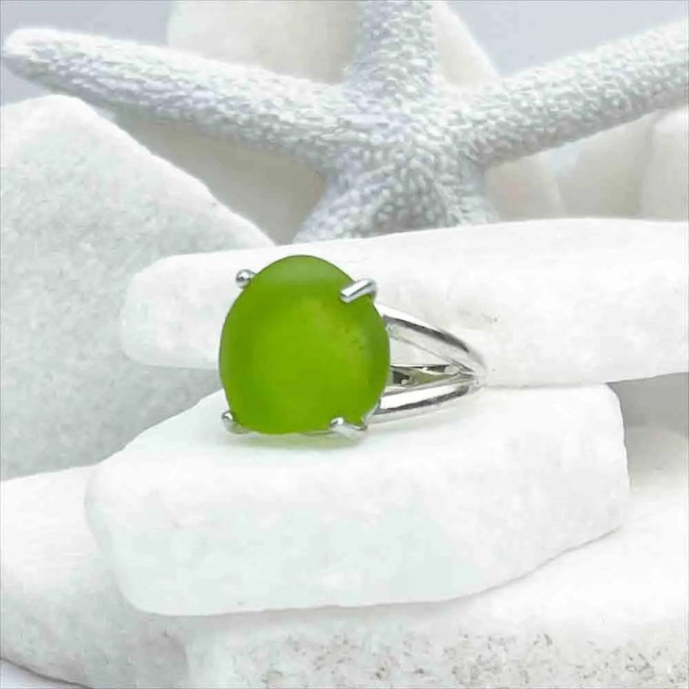 Spirited Lime Green Sea Glass Ring in Sterling Silver Size 7 | #1824