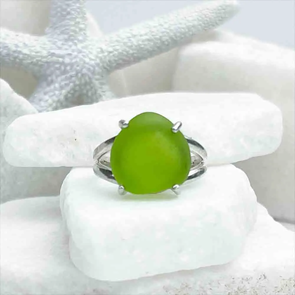 Spirited Lime Green Sea Glass Ring in Sterling Silver Size 7 | #1824